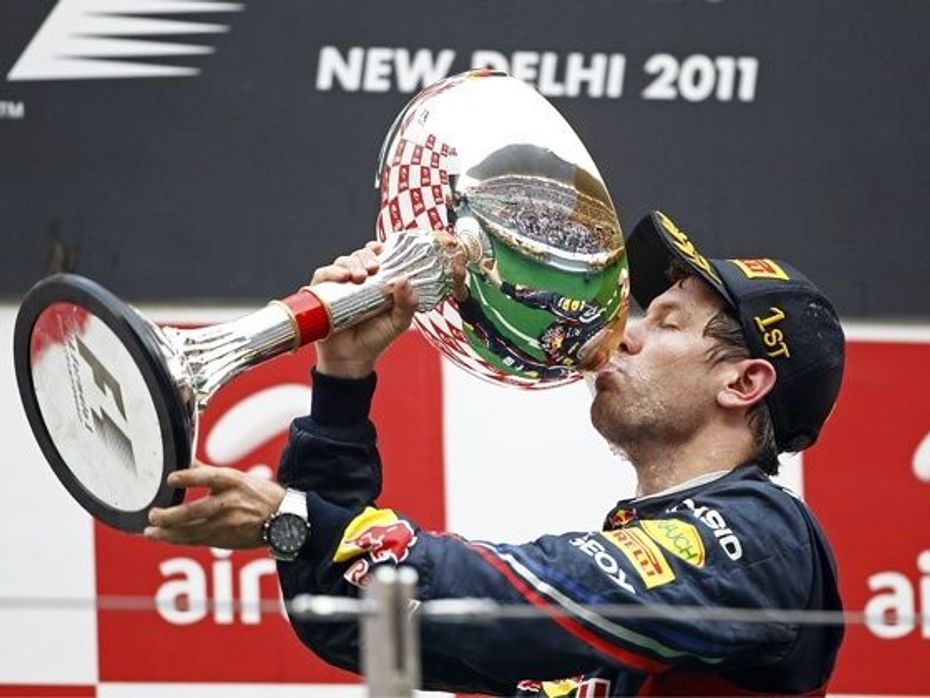 Sebastien Vettel celebrates his victory at the 2011 Airtel Indian GP