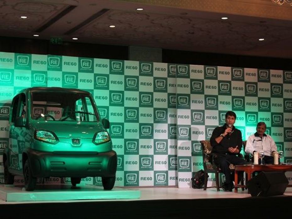 Rajeev Bajaj addresses the media  after the official unveil of the RE60 commuter vehicle
