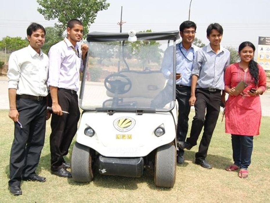Bikas (M Tech ECE), Lokesh Ramina (B.Tech ECE), Rahul Jain (Mech.  Engg.) and Suvendu (Mech. Engg.)with the LPU Concept Car