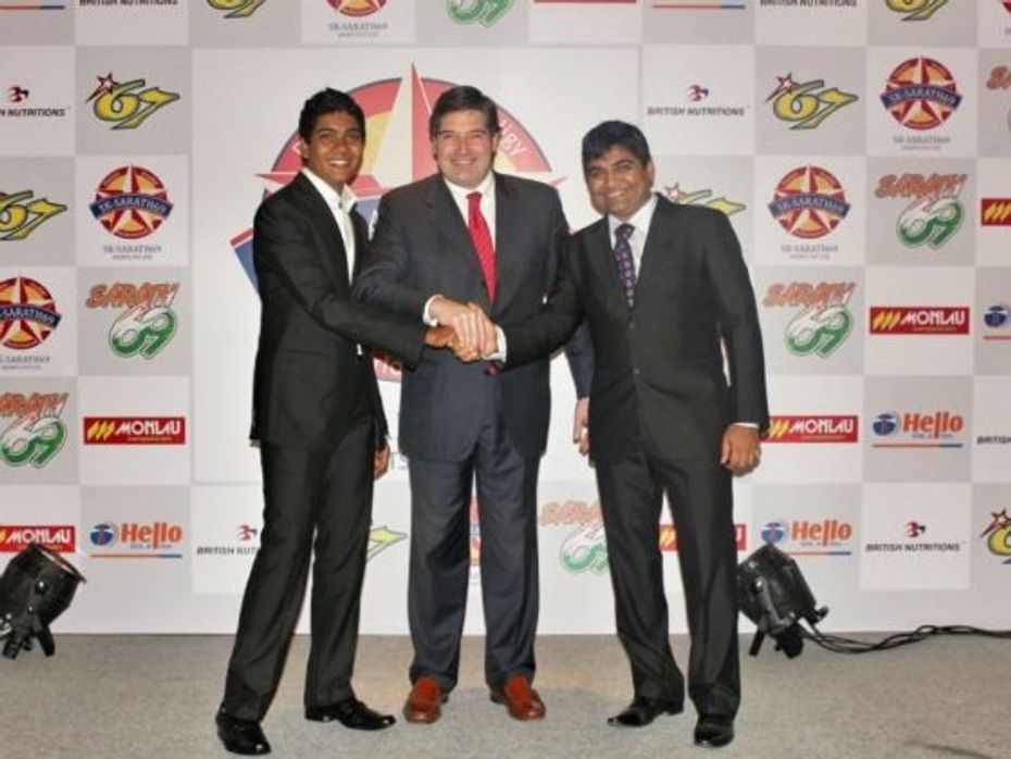 (L-R)Sarath Kumar,Jaime Serrano Executive Director, Monlau Competicion and Ramji Govindarajan Executive Director, SK-Sarath69