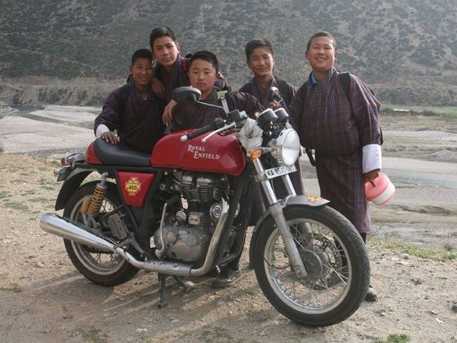 The Bhutanese kids really liked the RE Continental GT