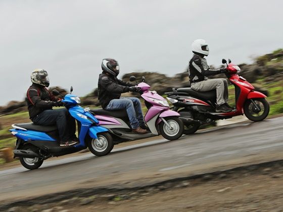 Suzuki Lets vs TVS Wego vs Yamaha Ray action shot Suzuki Lets vs TVS Wego vs Yamaha Ray action shot