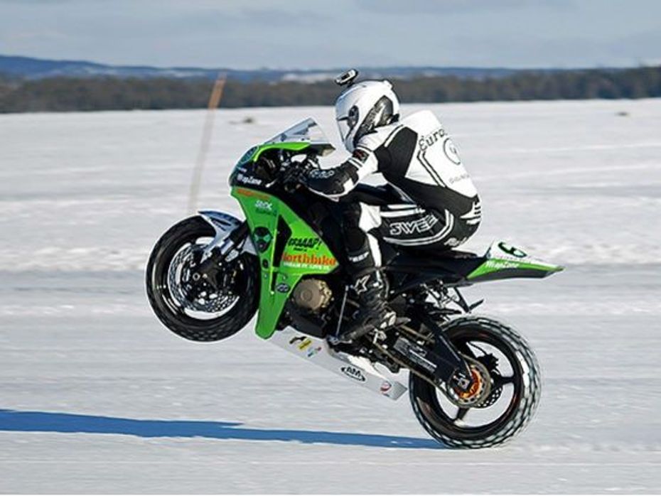 Robert Gull setting a new record for fastest motorcycle wheelie on ice