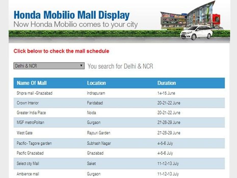 Honda Mobilio Delhi NCR Mall Schedule