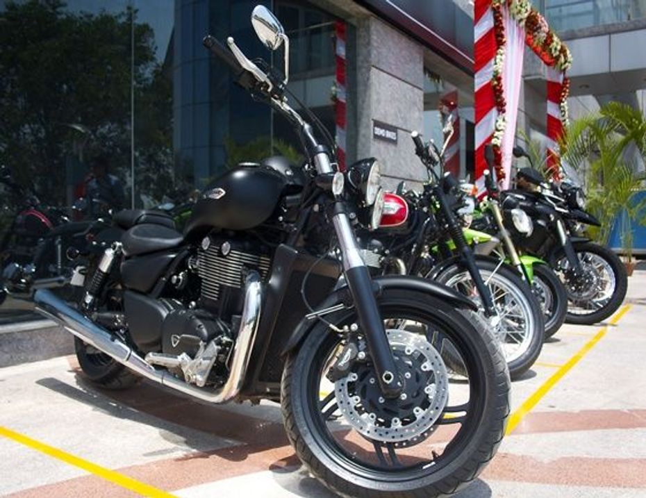 Triumph test motorcycles outside the Delhi showroom