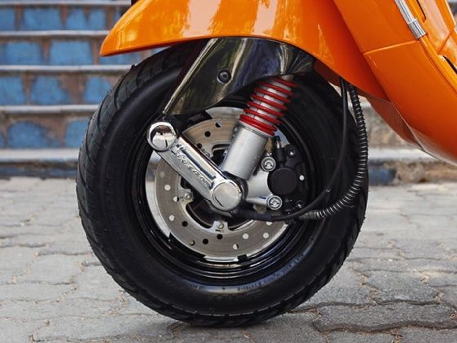 Vespa S front suspension and disc brakes detail shot