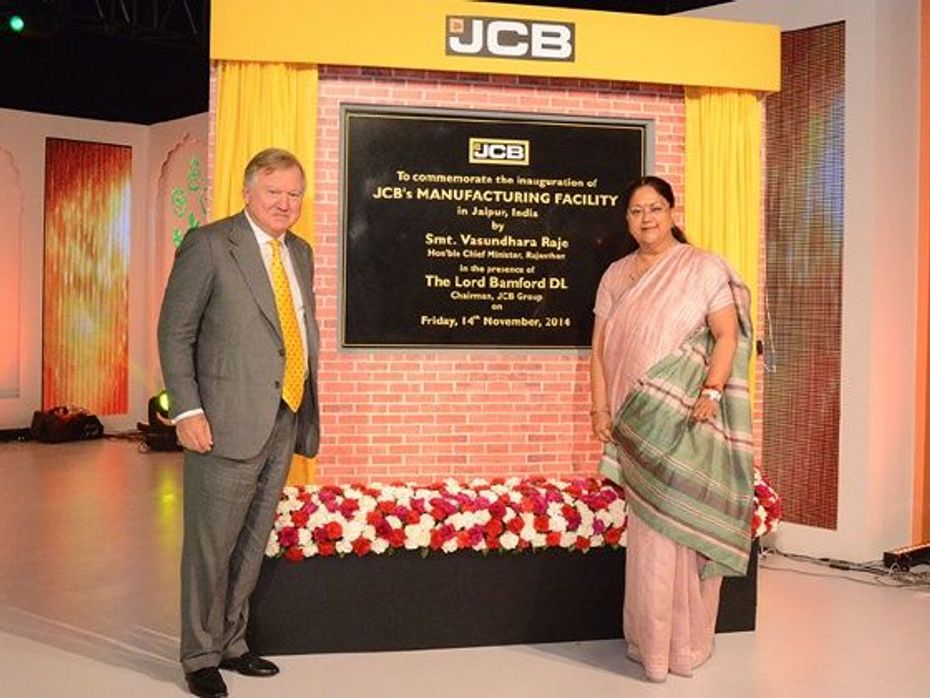 Vasundhara Raje Chief Minister of Rajasthan and Lord Bamford Chairman JCB  at the official opening of JCBs two new plants in Jaipur