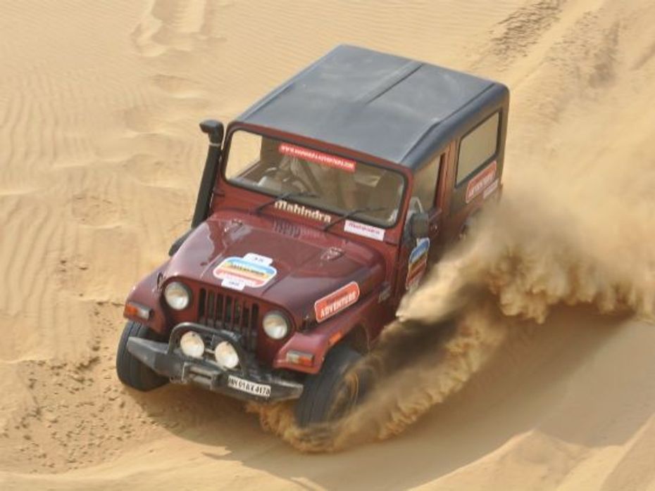 Going down a dune in the Mahindra Thar