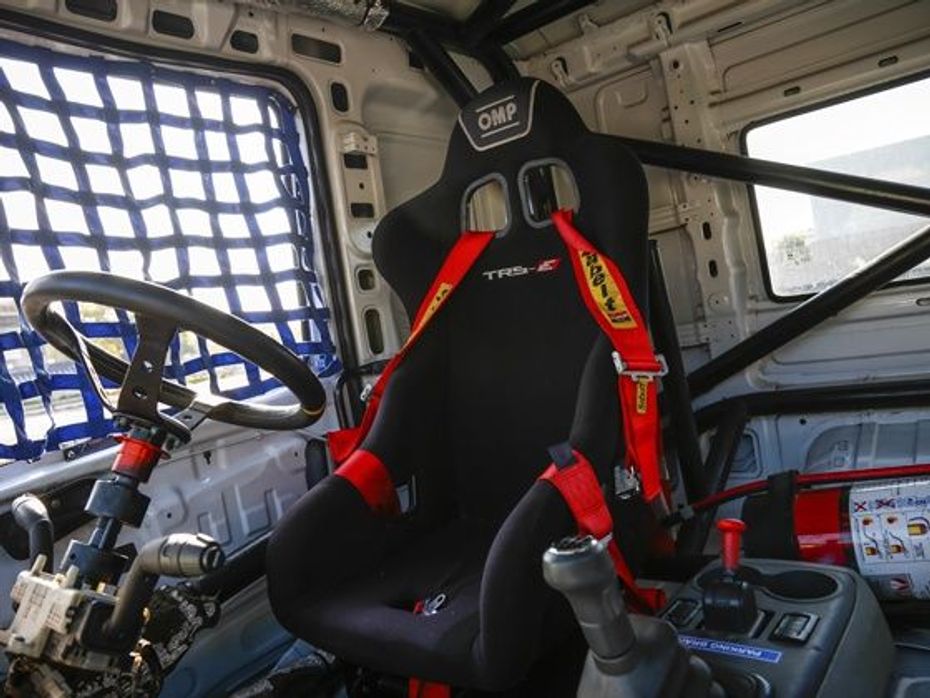 The stripped cabin with bucket seats in the new 2015 Tata T1 Prima Race truck
