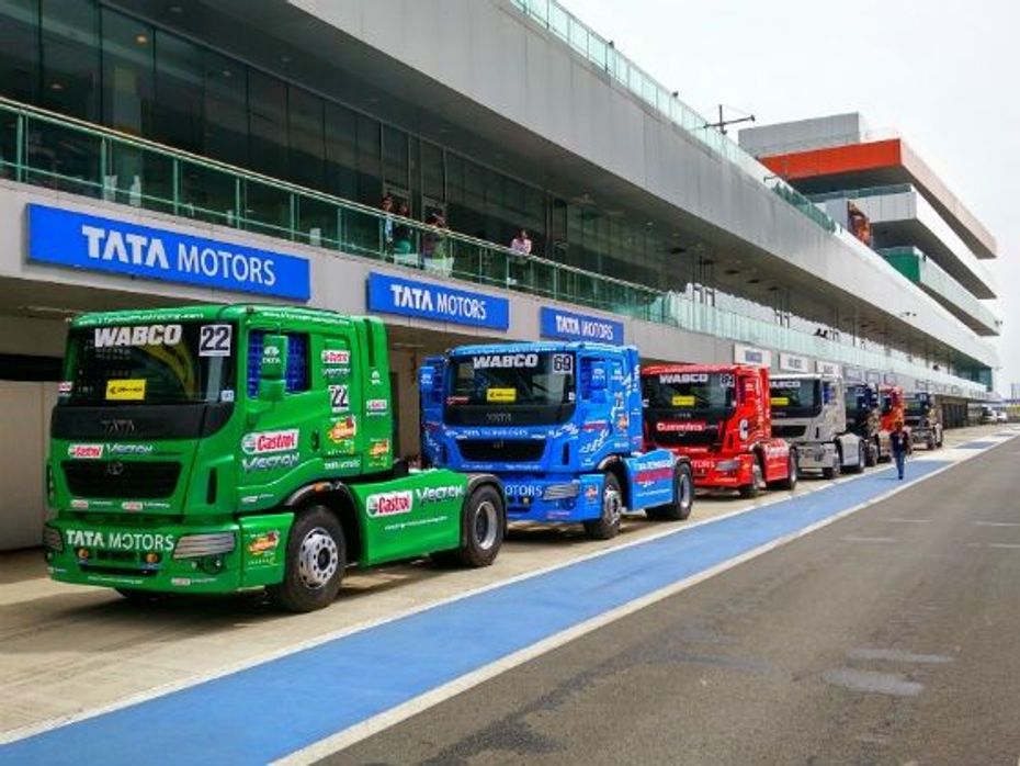 T1 Prima race trucks in the BIC pit lane