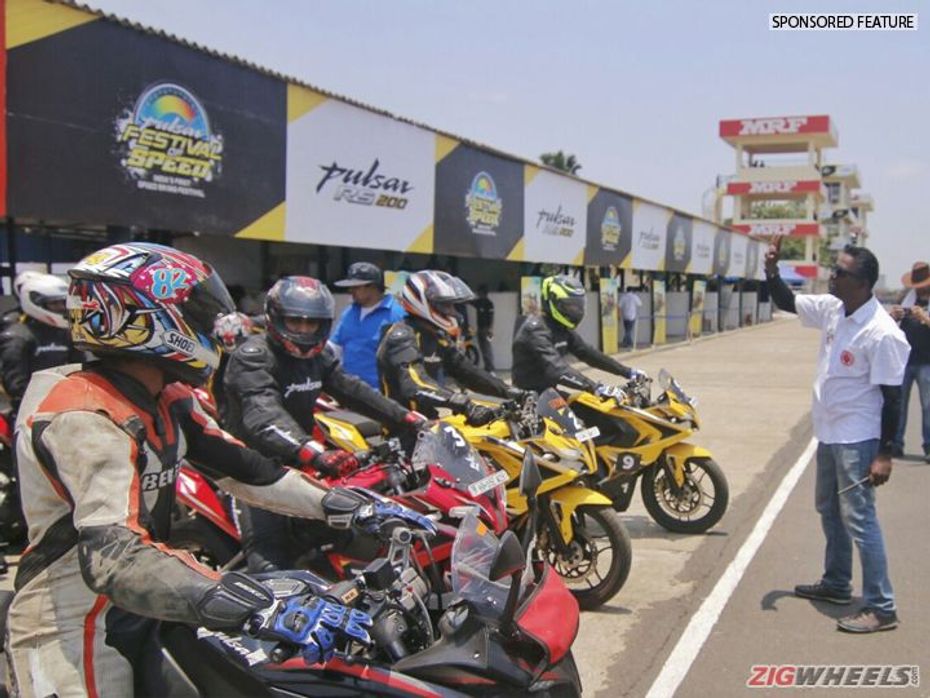 Bajaj Pulsar RS200 riders being briefed before riding on the Chennai Race track