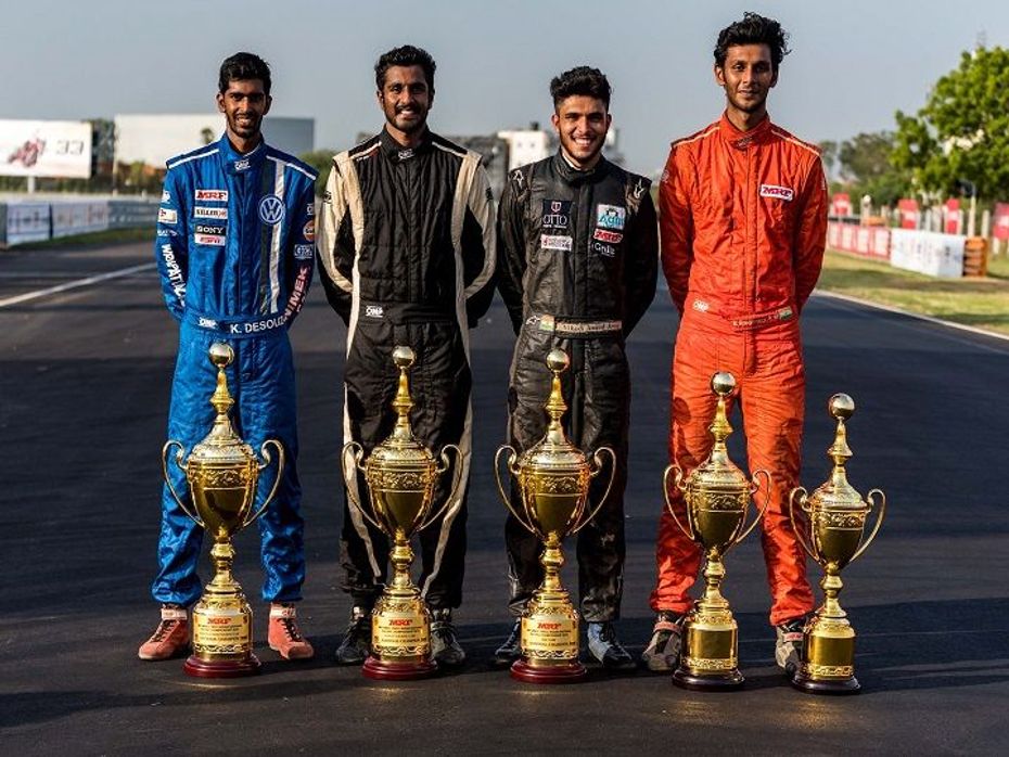 Championship winners (Left to Right) - Keith Desouza (IJTC), Arjun Narendran (ITC), Vikash Anand (MRF F1600) and Raghul Rangasamy (Super Stock)