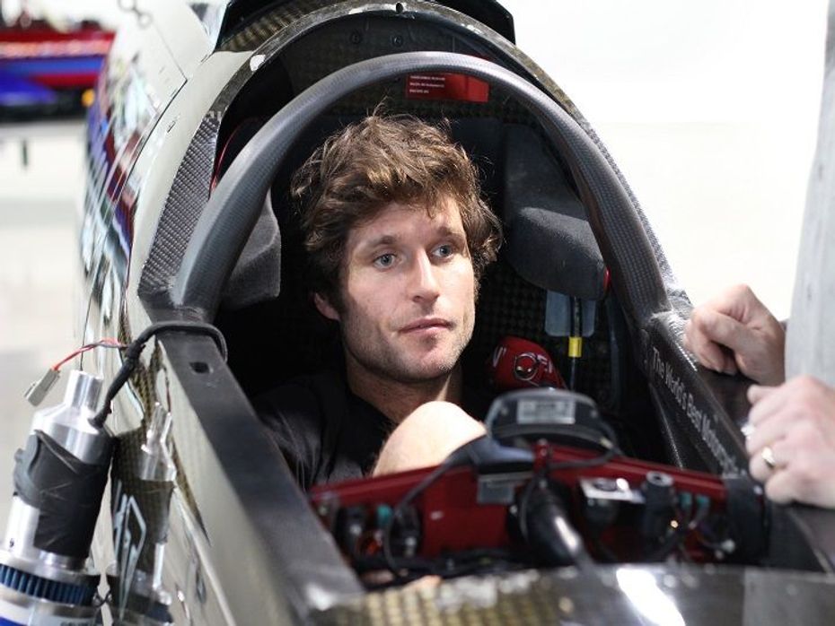 Guy Martin in the seat of the purpose-built Triumph Infor Rocket Streamliner