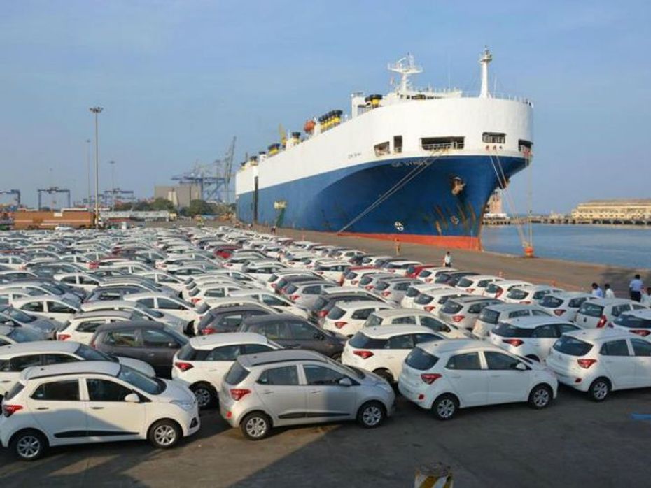 Hyundai cars lined up to loaded on transport vessel