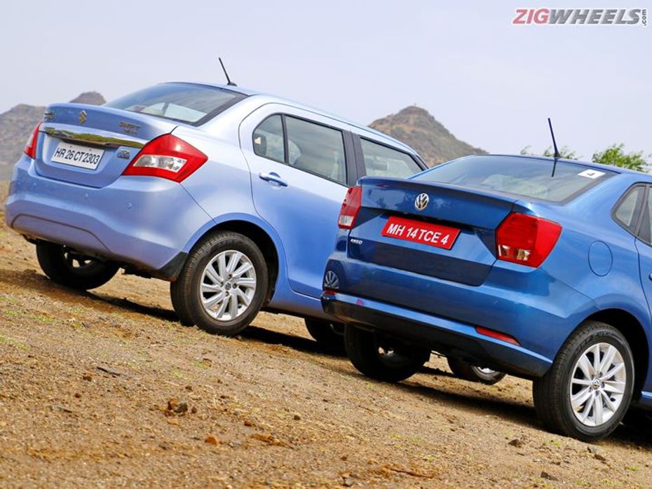 Maruti Suzuki Dzire and Volkswagen Ameo - Rear Angular Image