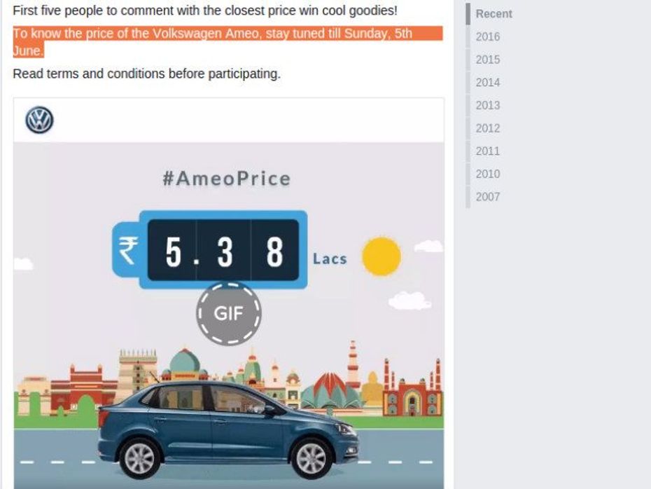 Facebook screenshot of VW Ameo price