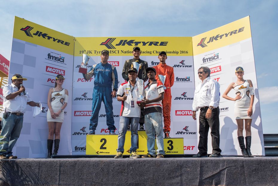The winners of the last race of LGB Formula 4 class in Round 3 of JK Tyre National Racing Championship