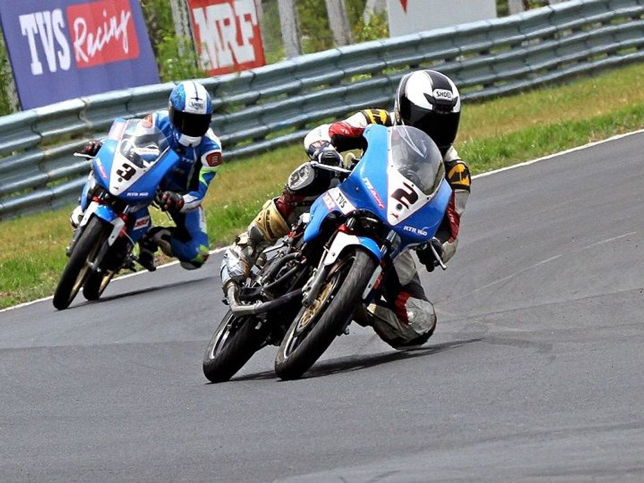 Racers in the Super Stock 165cc class of Indian National Motorcycle Racing Championship
