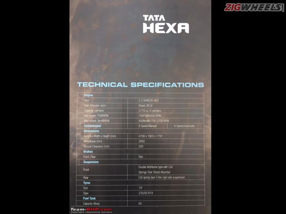 Tata Hexa: Spec Sheet
