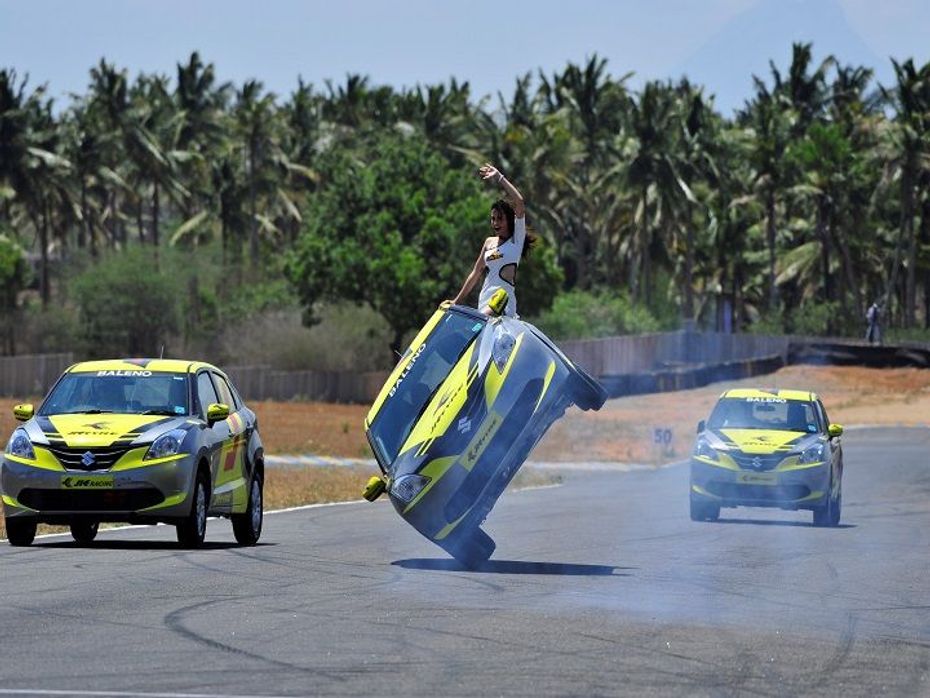 Stunt driver and world record holder Terry Grant shows off his moves at the JK Tyre National Racing Championship Round 3