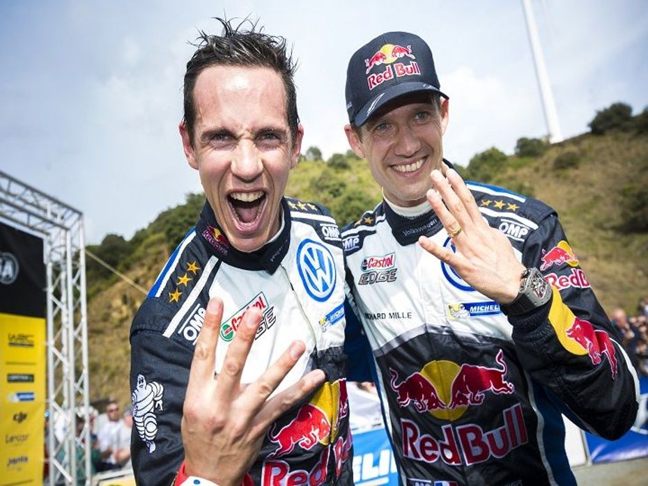 The duo of Sebastian Ogier and Julien Ingrassia after winning the Rally of Spain