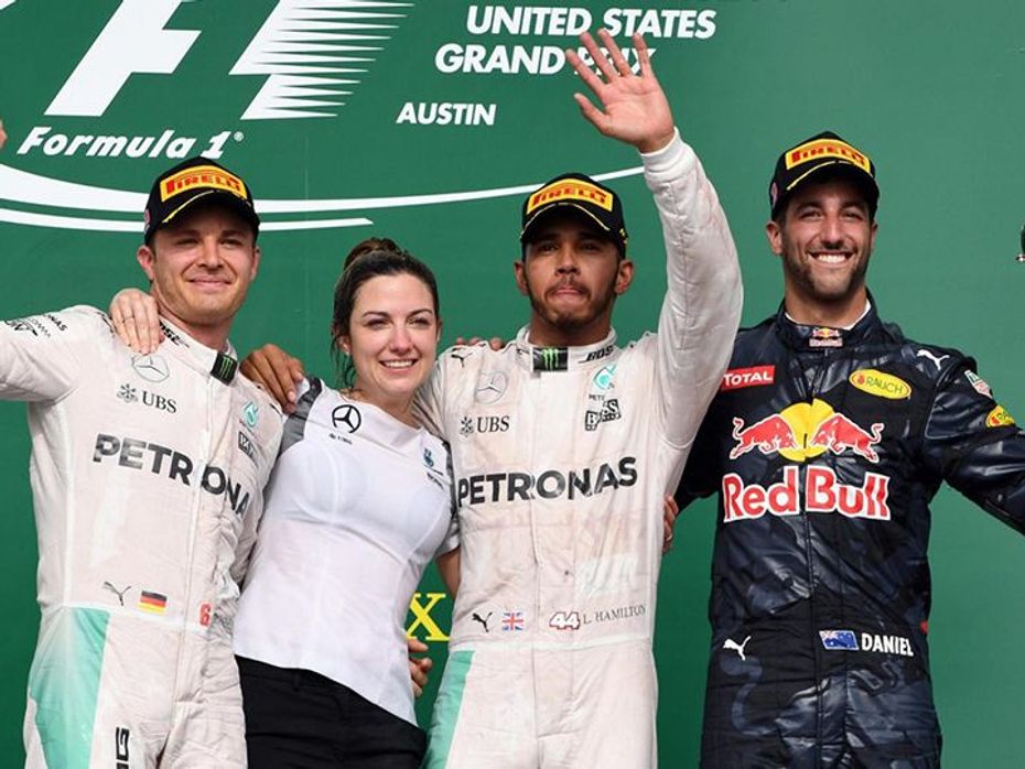 Lewis Hamilton with other podium finishers