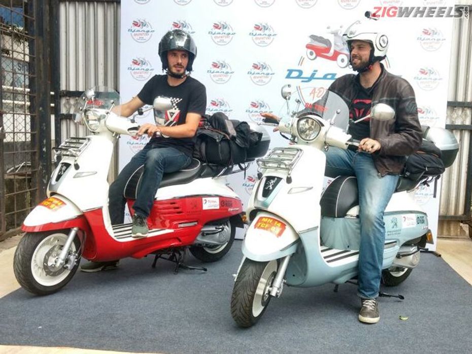 Samuel Felice and Ambroise Prince on their Peugeot Django scooters
