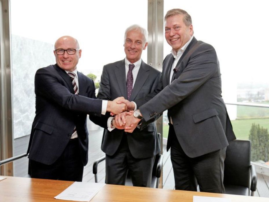 Bernhard Maier of Skoda Auto, Matthias Mueller of VW Group and Guenter Butschek Tata Motors