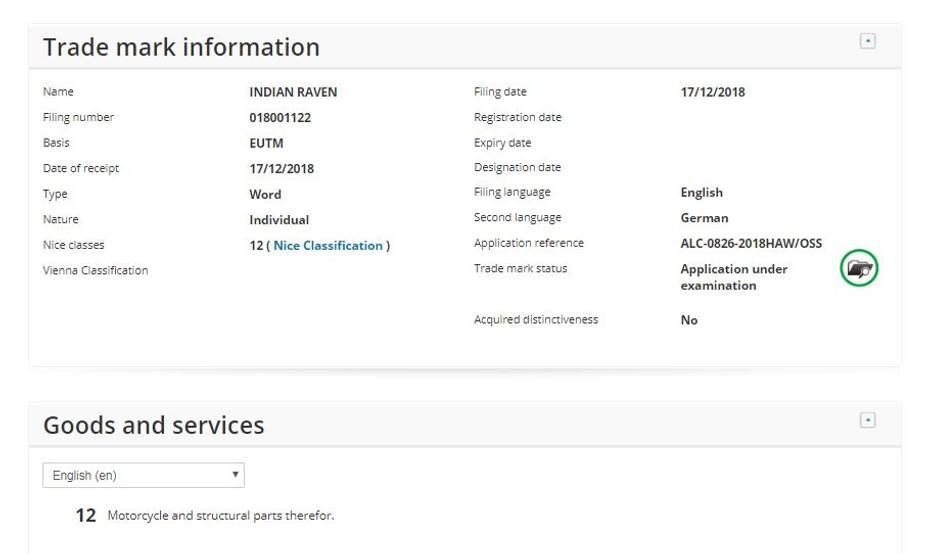 Indian Raven trademark filing