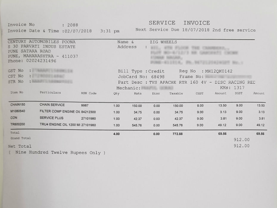TVS Apache RTR 160 4V Carb Service Bill