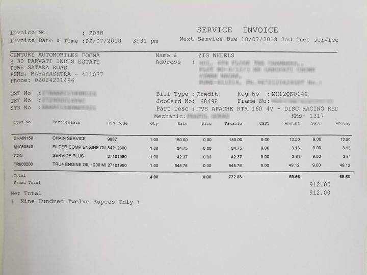 TVS Apache RTR 160 4V Carb Service Bill