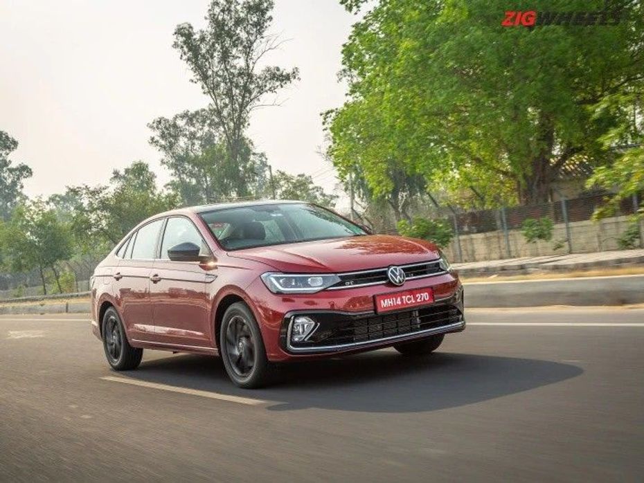 India-spec VW Virtus front three-quarters action shot 