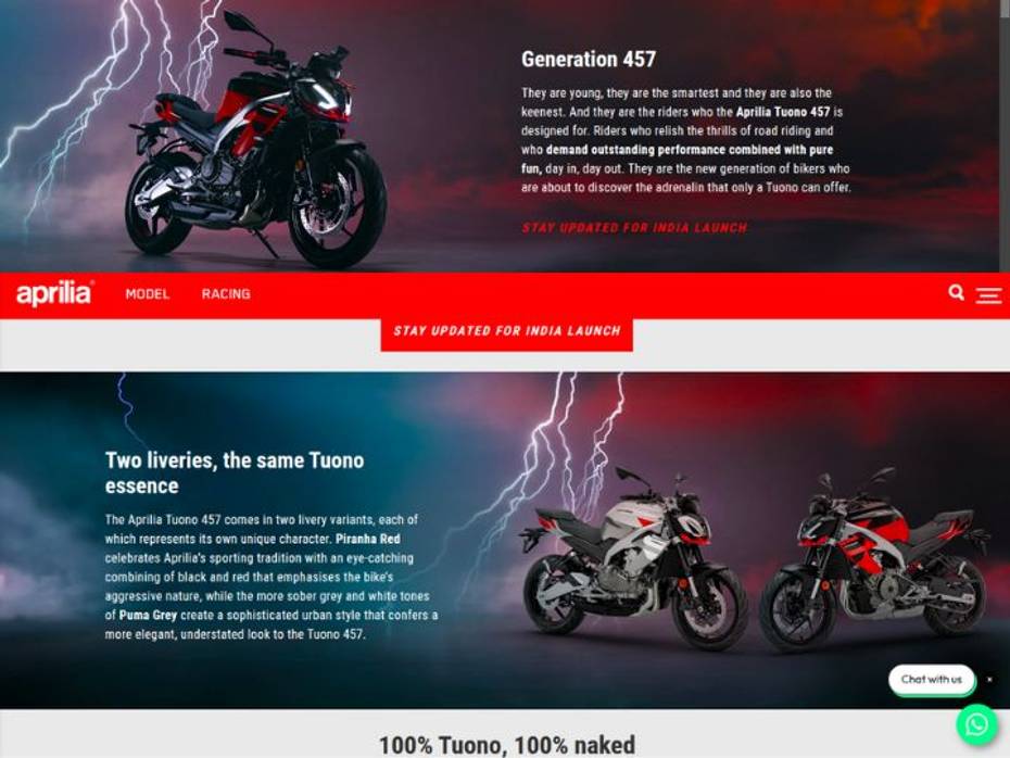 Aprilia Tuono 457 Webpage India