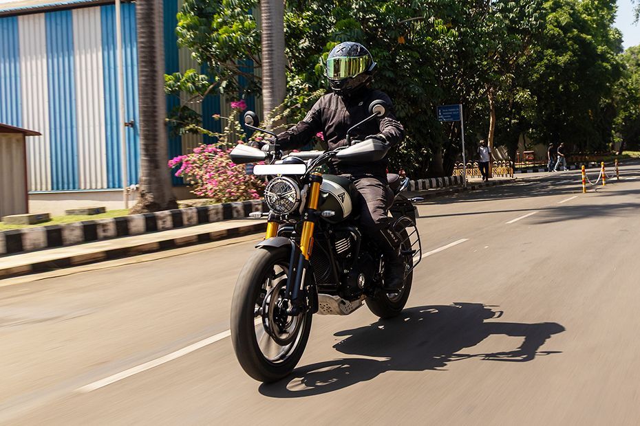 Riding: Front Left Quarter View of Scrambler 400 X