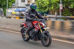 Riding: Front Right Quarter View of Pulsar NS400Z