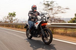 Riding: Front Right Quarter View of 390 Adventure X