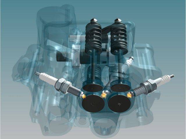 Whats amazing about this engine is the use of such little space to achieve so much - the three spark plugs ensure maximum efficiency for every drop of fuel and the four valves - two intake and two exhaust ensure better combustion of fuel