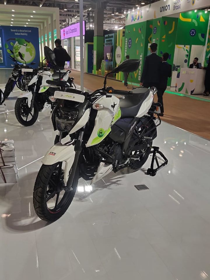 TVS has showcased a flex-fuel version of the Apache RTR 160 4V at the Auto Expo 2023